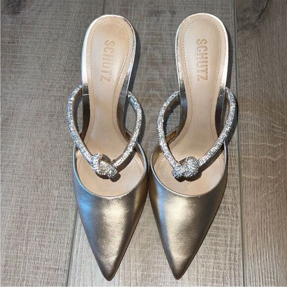 Schutz Say Yes Gold Metallic Napa Pointed Toe Mule Heels US 8.5 - Picture 1 of 10